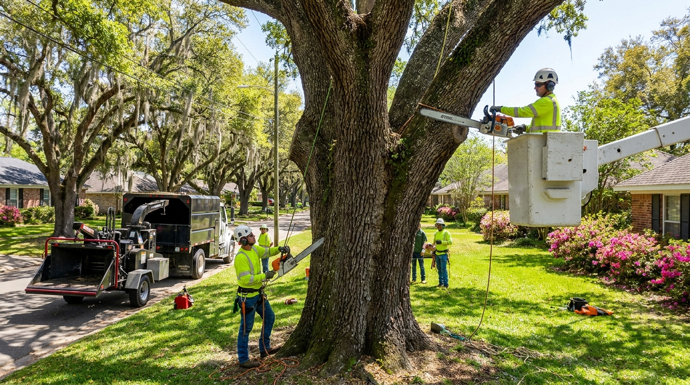 Professional tree removal crew removing a large oak tree in a Baton Rouge residential neighborhood